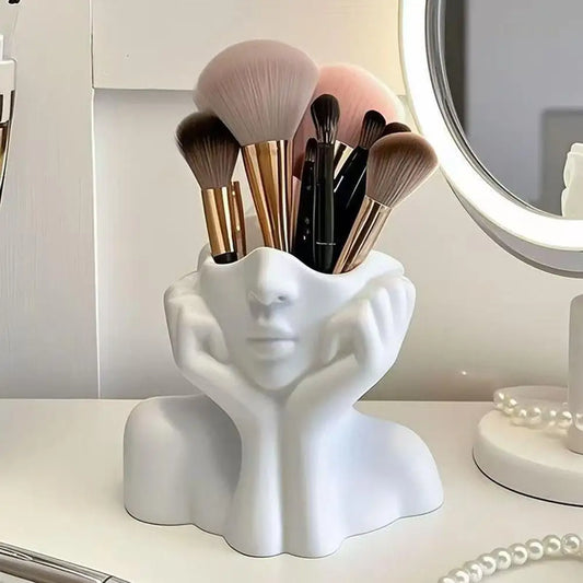 Face Shape Makeup Brush Holder Modern Nordic Flower Vases Makeup Storage Box Half Face Portrait Decor For Home Office Book Sh