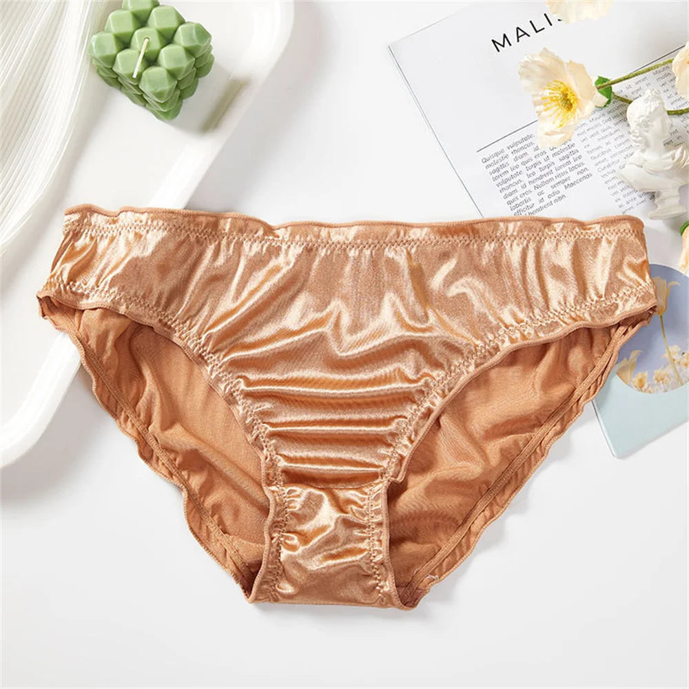 Ladies Frill Trim Satin Ice Silk Seamless No Show Underwear Invisible Briefs Plus Size Women's Panties S/M/L/XL