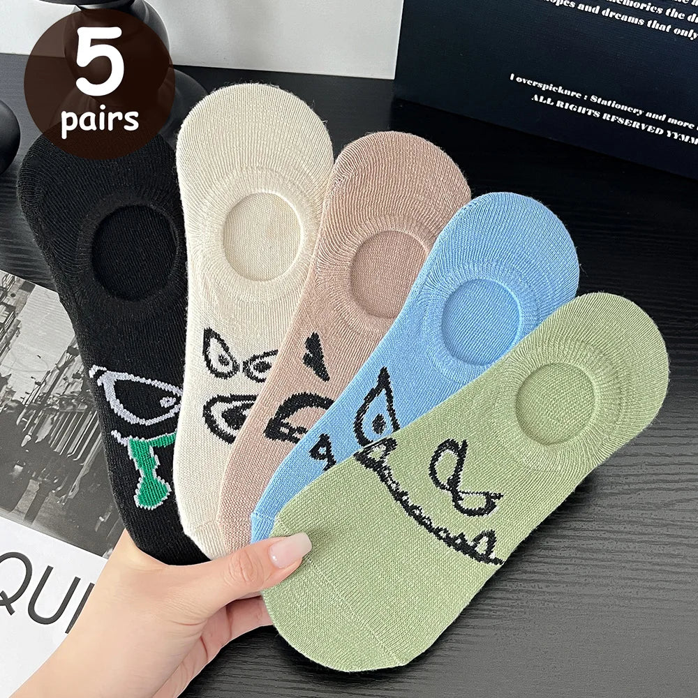 5 Pairs Women Cartoon Patterned Socks Trendy Versatile Breathable Sweat Wicking Deodorizing Antibacterial Comfortable Socks