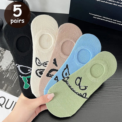 5 Pairs Women Cartoon Patterned Socks Trendy Versatile Breathable Sweat Wicking Deodorizing Antibacterial Comfortable Socks