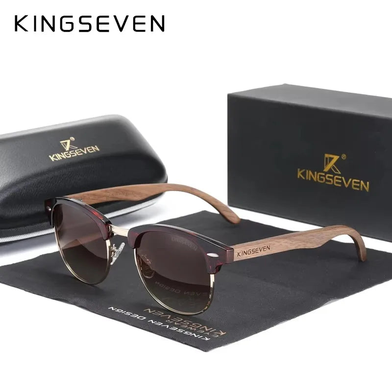 KINGSEVEN Brand Walnut Sunglasses Men Women Polarized UV400 Lens Wood Round Frame Glasses Vintage Retro Luxury Eyewear Patchw