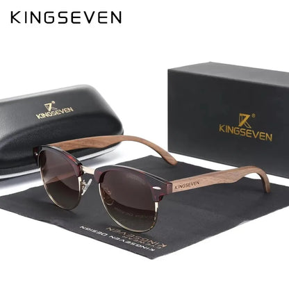 KINGSEVEN Brand Walnut Sunglasses Men Women Polarized UV400 Lens Wood Round Frame Glasses Vintage Retro Luxury Eyewear Patchw