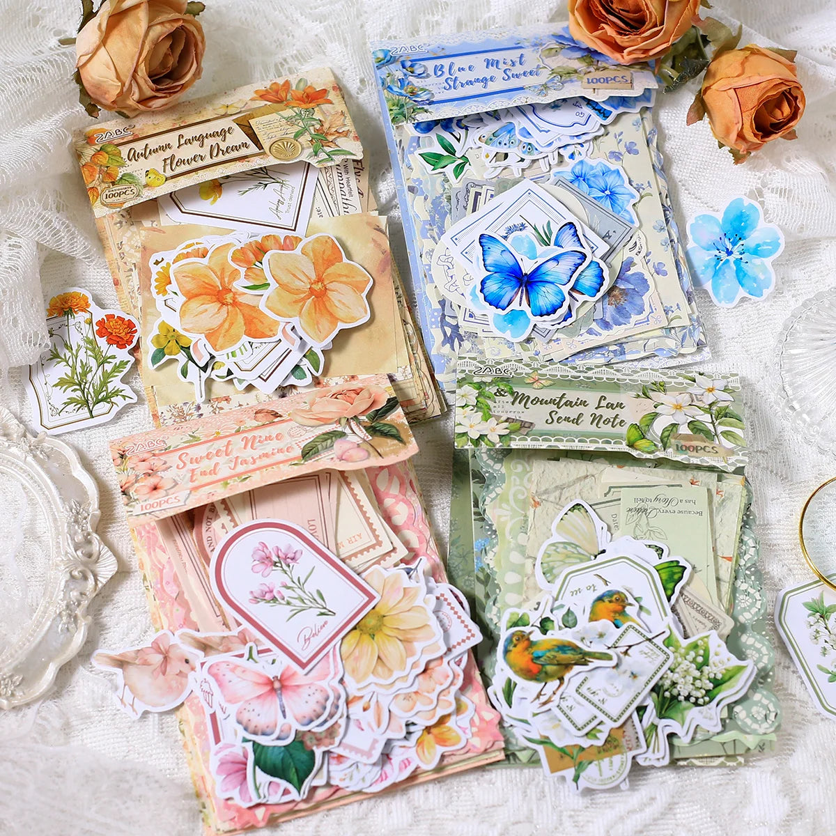 100 Pcs Vintage Scrapbooking Paper Collage Self-Adhesive Stickers DIY Crafts Decoration Journal Embellishments Paper Material