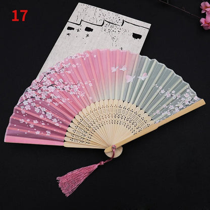 1Pc Vintage Silk Folding Fan Retro Chinese Japanese Bamboo Folding Fan Tassel Dance Hand Fan Home Decoration Ornament Craft G