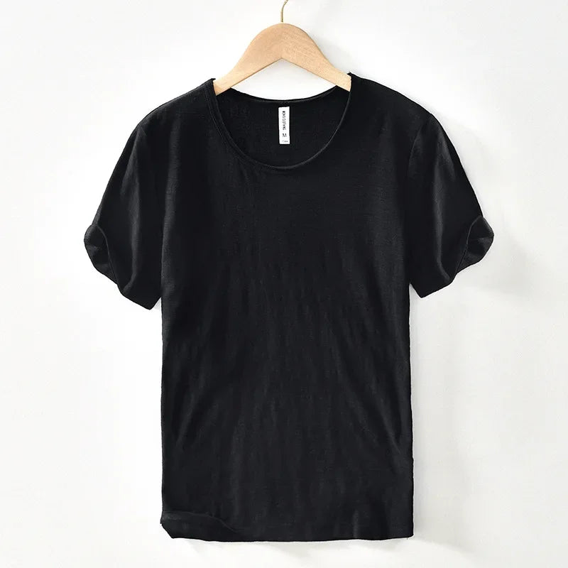 Retro Raw Edge T-Shirt for Men, 100% Cotton, Lightweight,Breathable,Slim-fit, Monochromatic, O-Neck, Casual Basic Top - Black
