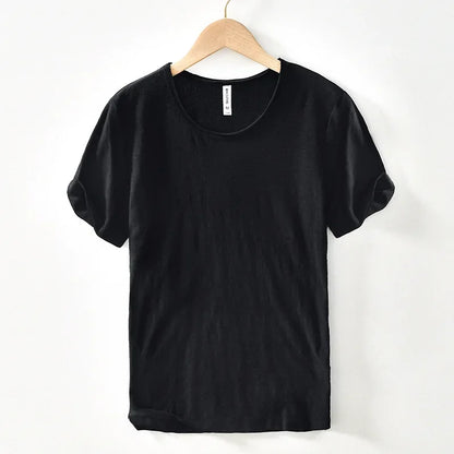 Retro Raw Edge T-Shirt for Men, 100% Cotton, Lightweight,Breathable,Slim-fit, Monochromatic, O-Neck, Casual Basic Top - Black