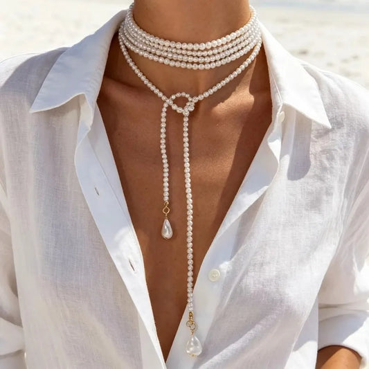 Imitation Pearl Pearl Lariat Necklace Teardrop Pendant Long Chain Length Multi Layer Necklace Multi Layer Design Elegant Styl
