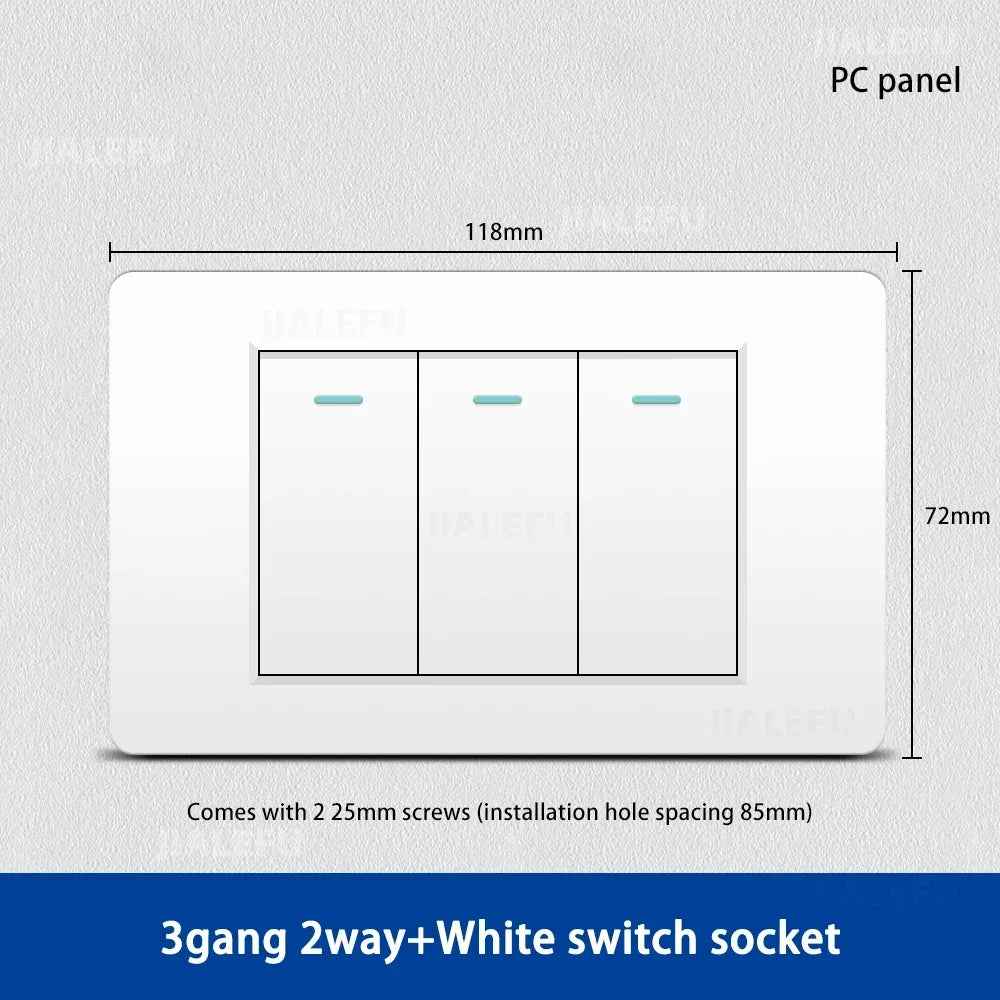 DELEFU 118*72mm PC Panel Parallel 3gang 2way Grey Black White Gold Wall Switch - PC White