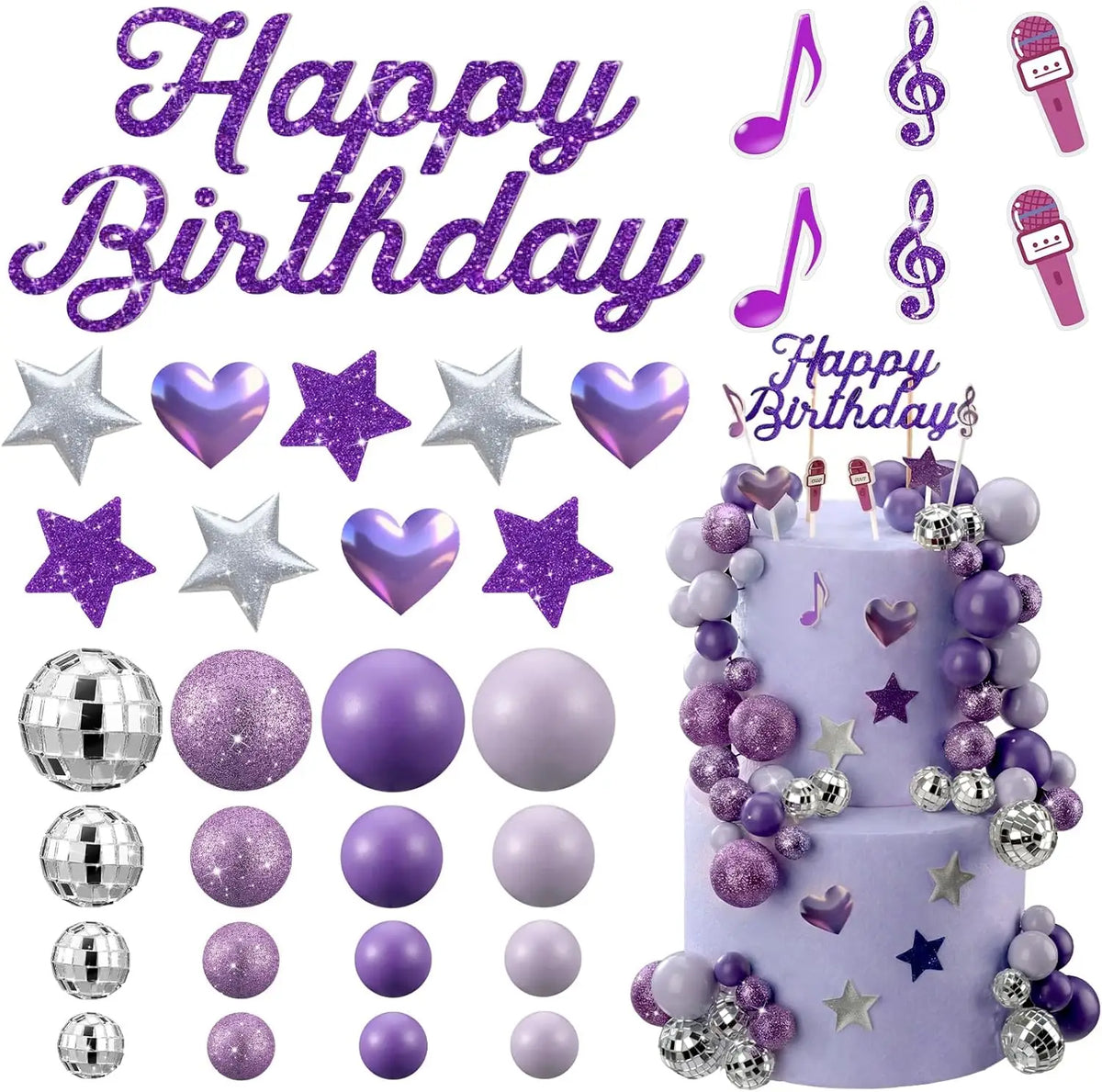 Complete K-Pop Party Cake Topper: Purple Disco Balls, Mic, Hearts & “Happy Birthday” – Music Theme Decor - 32pcs