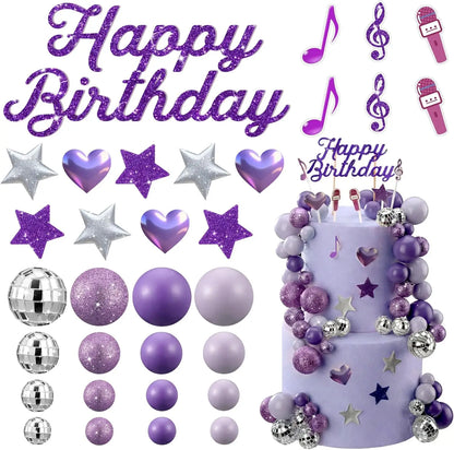 Complete K-Pop Party Cake Topper: Purple Disco Balls, Mic, Hearts & “Happy Birthday” – Music Theme Decor - 32pcs