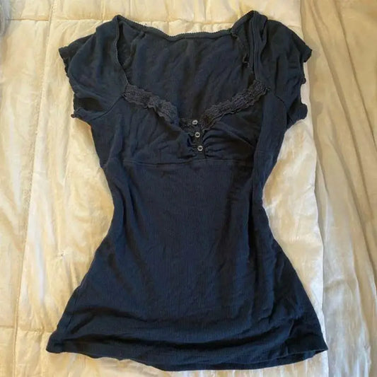 Vintage Slim Lace T-shirt Solid Color Casual Pattern Commuter High Street Fashion Y2K Cropped Top Trash Punk Hop Women's T-sh