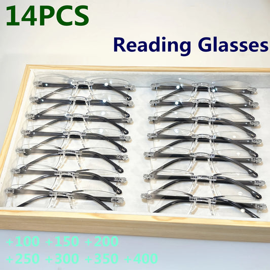 5-14-20 Pack Vintage Style Rimless Reading Glasses Rectangular Frame, Blue Light Blocking, Anti-Fatigue, Unisex, Lightweight 