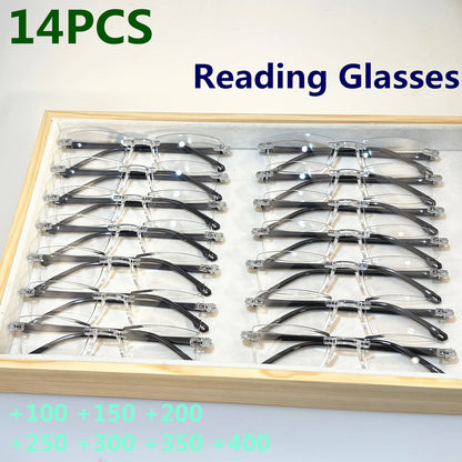 5-14-20 Pack Vintage Style Rimless Reading Glasses Rectangular Frame, Blue Light Blocking, Anti-Fatigue, Unisex, Lightweight 