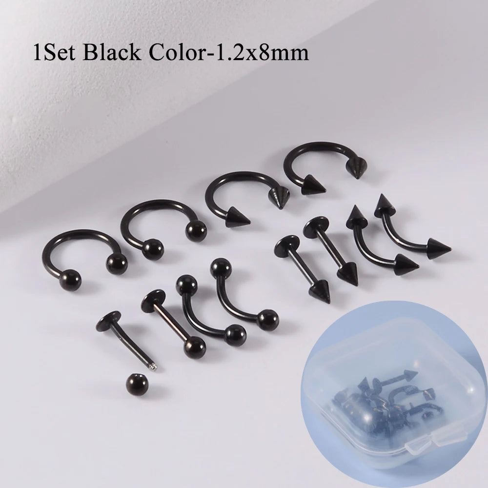 12pcs/Set Surgical Steel Silver Color Gold Plated Black Rainbow Ear Nose Eyebrow Labret Basic Piercing Jewelry Set 8mm - Blac