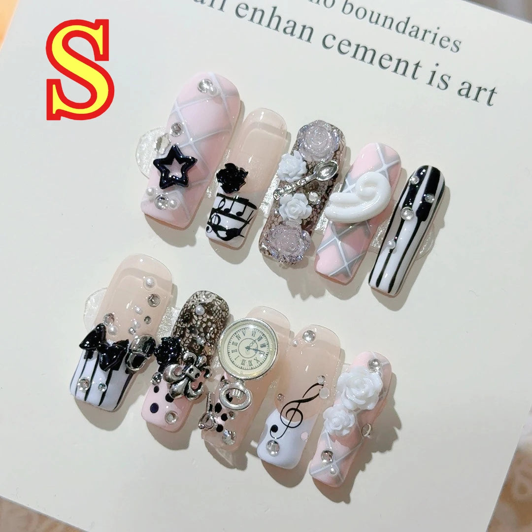Musical Notes Retro Vintage Gyaru French Handmade Press On Nails 3D Rose Bow Pearl Pink Fake Nails Y2K Cute Long Coffin Nail 