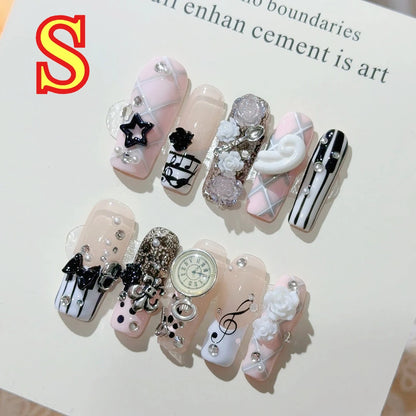 Musical Notes Retro Vintage Gyaru French Handmade Press On Nails 3D Rose Bow Pearl Pink Fake Nails Y2K Cute Long Coffin Nail 