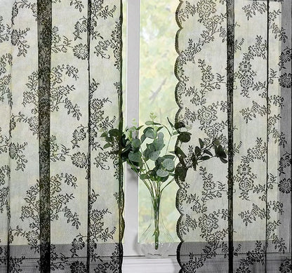 1pc Vintage Floral Embroidery Clear Black Lace Curtain Panel - Privacy & Light Filtering, Machine Washable,