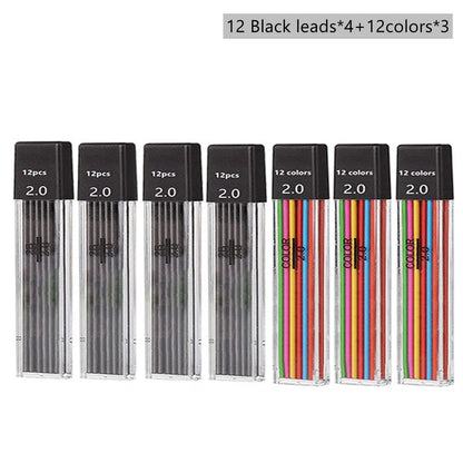 Mechanical Pencil Set 2.0 mm with 2B Black/Colors Lead Refill For Writing Sketching Art Drawing Painting School Automatic Pen