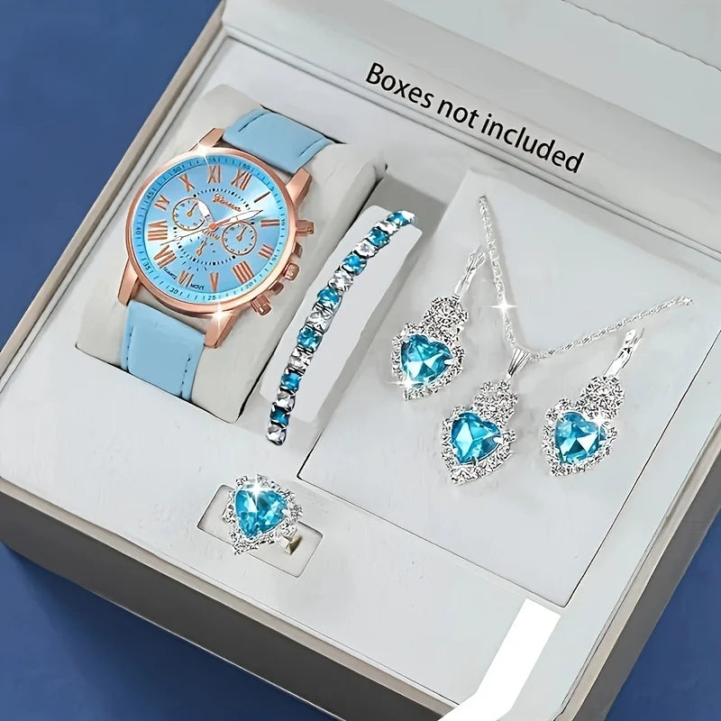 Fashion Quartz Watch and Jewelry Set, Shock Resistant Circular Analog Digital Display, PU Leather Strap, Zinc Alloy Case - 1