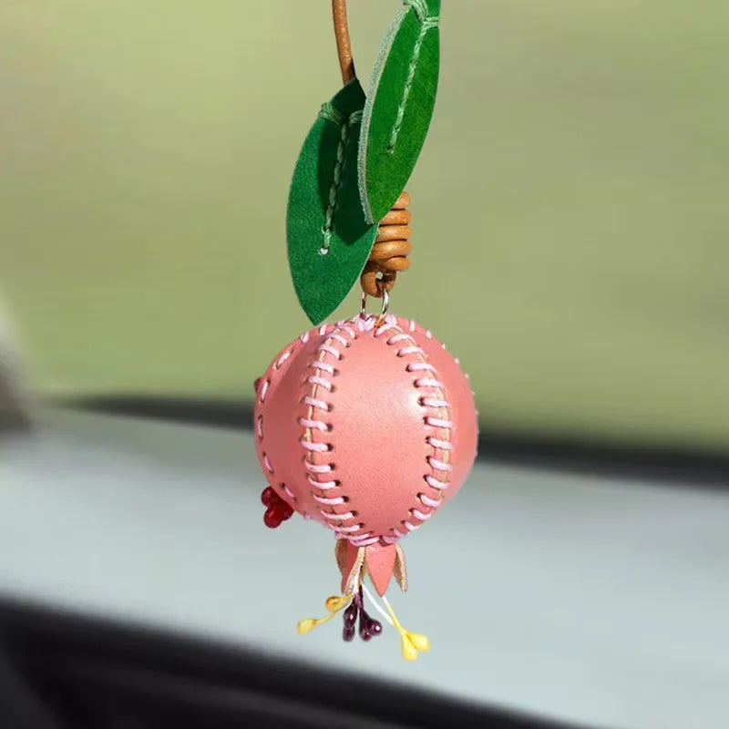 Handmade Vegetable Tanned Leather Pomegranate Keychain Fruit Bag Charm Cute Purse Pendant Car Mirror Accessories For Women Gi