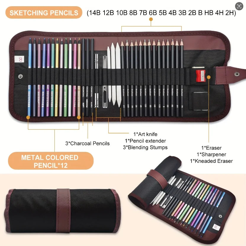 29Pcs Drawing Kit Sketching Pencils Set,Portable Pen Curtain-Charcoal Pencils, Sketch Pencils, Charcoal Stick,Sharpener,Erase