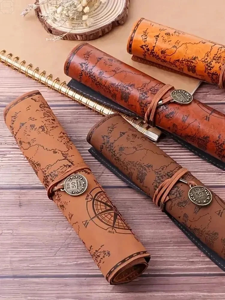 Vintage Treasure Map Roll Pencil Case – Large Capacity Leather Stationery Bag with Embossed Buckle
