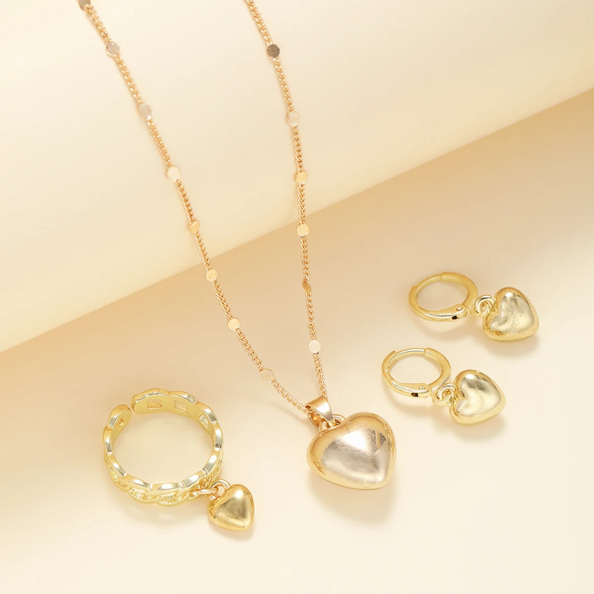 4Pcs/Set Vintage Love Heart Pendant Necklace Ring Hoop Earring for Women Simple Gold Color Smooth Jewelry Set Elegant Party G