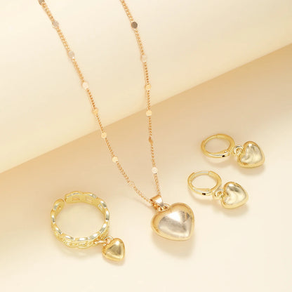 4Pcs/Set Vintage Love Heart Pendant Necklace Ring Hoop Earring for Women Simple Gold Color Smooth Jewelry Set Elegant Party G