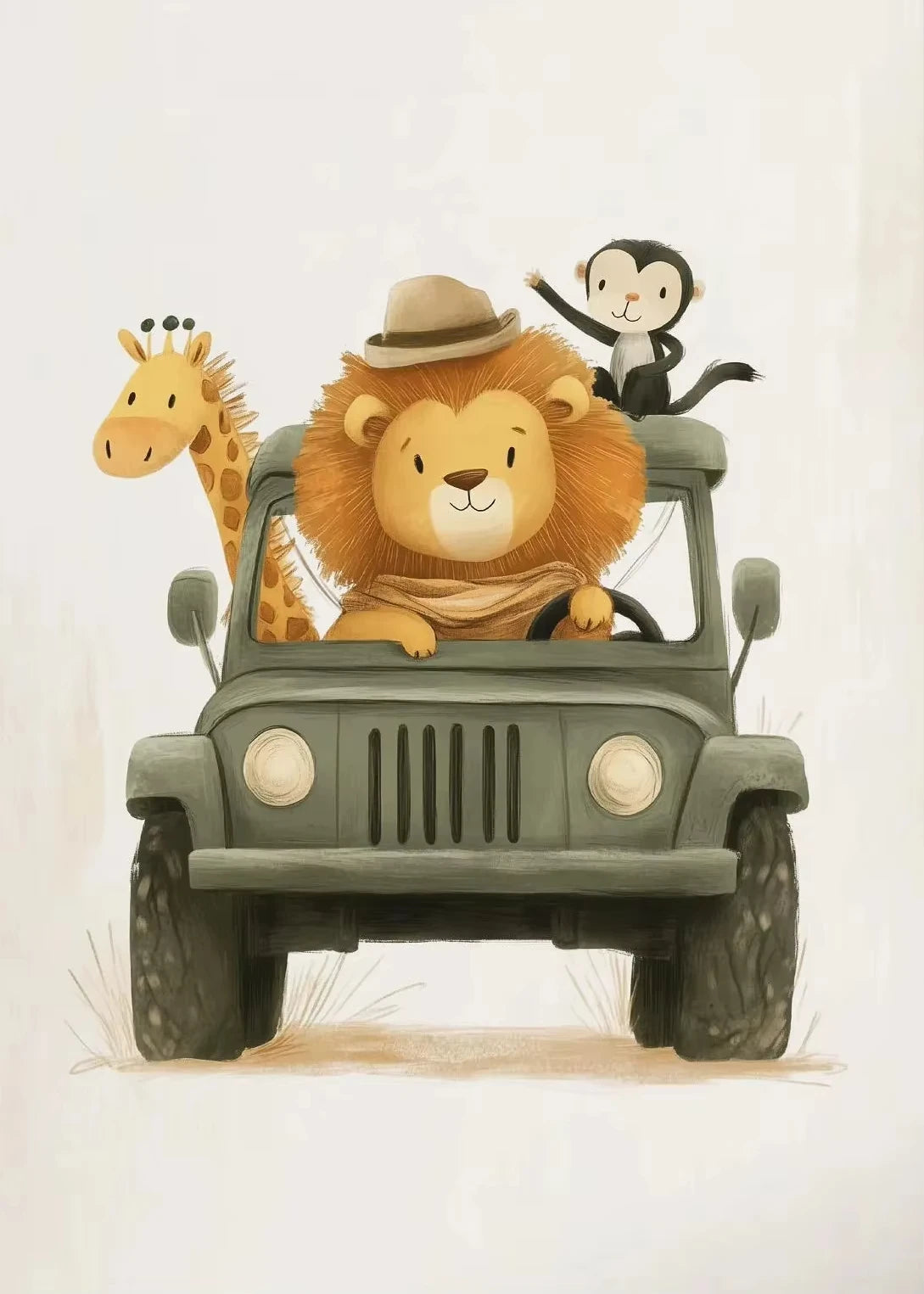 Minimalist Cute Skateboard Animal Wall Art Dog, Lion, Crocodile, Tiger, Bear, and Car Canvas Print Home Decor for Kids' Rooms