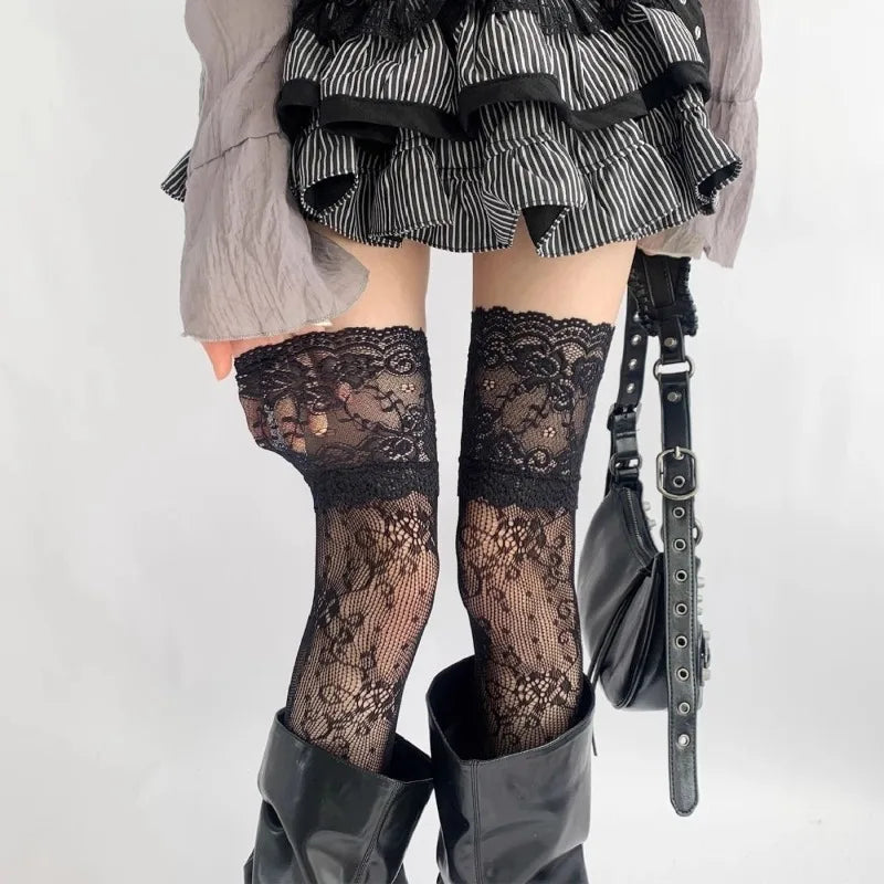 Women's Sexy Lace Floral Fishnet Stockings Costumes JK Lolita Thigh High Socks Nylon Mesh Breathable Over The Knee Stockings