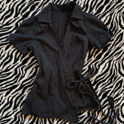 Gothic Women's Shirt Chic Aesthetic Grunge High Street American Style Striped Lace-up Slim Fit Fashion Hip Hop Short Sleeve T