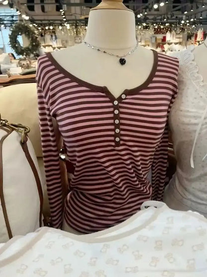 Six Buttons Ribbed Long Sleeve T-shirts Women Spring Round Neck Cotton Slim Tee Top Female Sweet Cute Pink Tshirt Y2k Tops Ne
