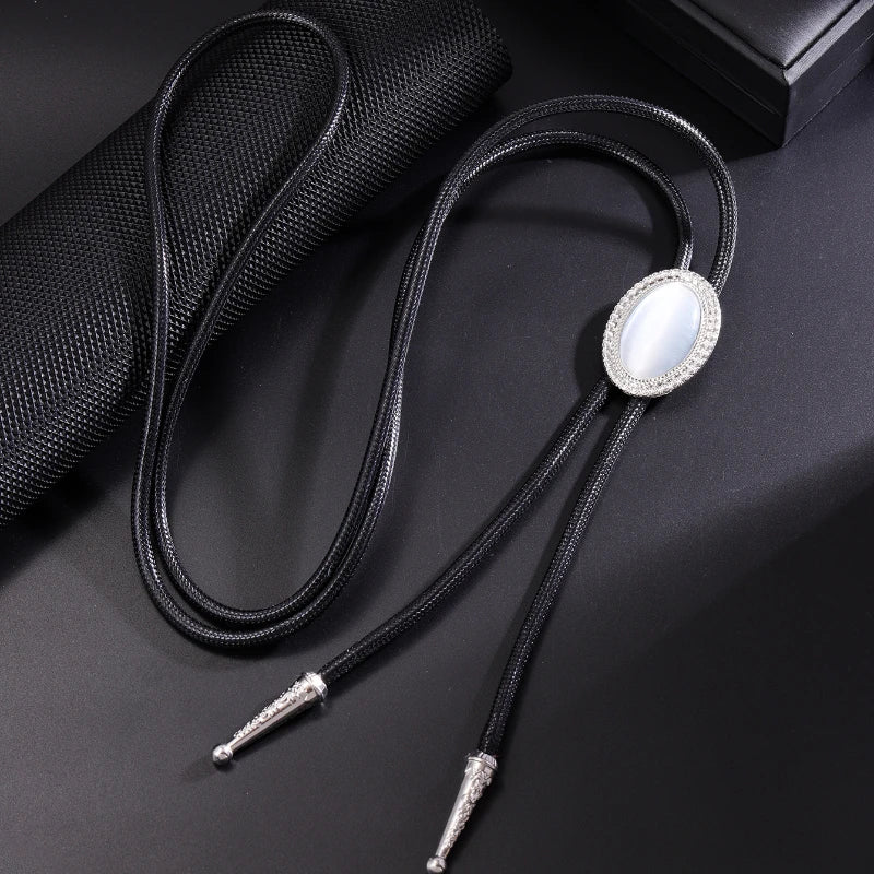 Bolo Tie for Women Men Vintage Crystal Oval Shirt Bowtie Western Cowboy Necktie Luxulry Fashion Jewelry Accessories - White