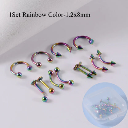 12pcs/Set Surgical Steel Silver Color Gold Plated Black Rainbow Ear Nose Eyebrow Labret Basic Piercing Jewelry Set 8mm