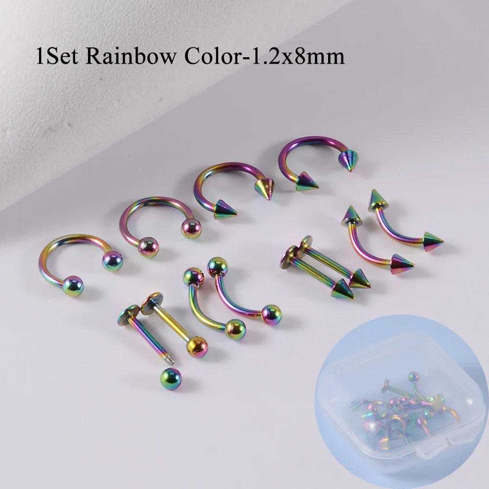 12pcs/Set Surgical Steel Silver Color Gold Plated Black Rainbow Ear Nose Eyebrow Labret Basic Piercing Jewelry Set 8mm - Rain