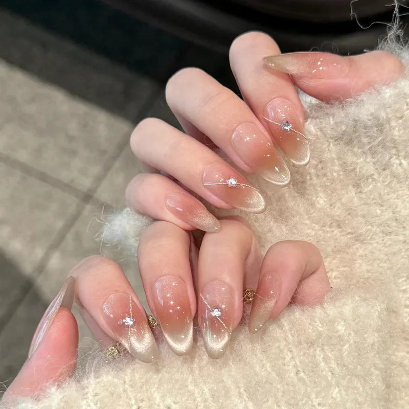 24pcs Long Almond Press on Nails False Nails with Golden Decoration Wearable Stick-on Nails Fake Nail Uñas Накладные Ногти 네일