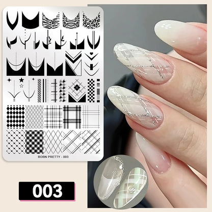BORN PRETTY Classic Plaid French Nail Stamping Plates Easy Design Flower Leaves Nail Printing Stencil Floral Line Stamp Templ