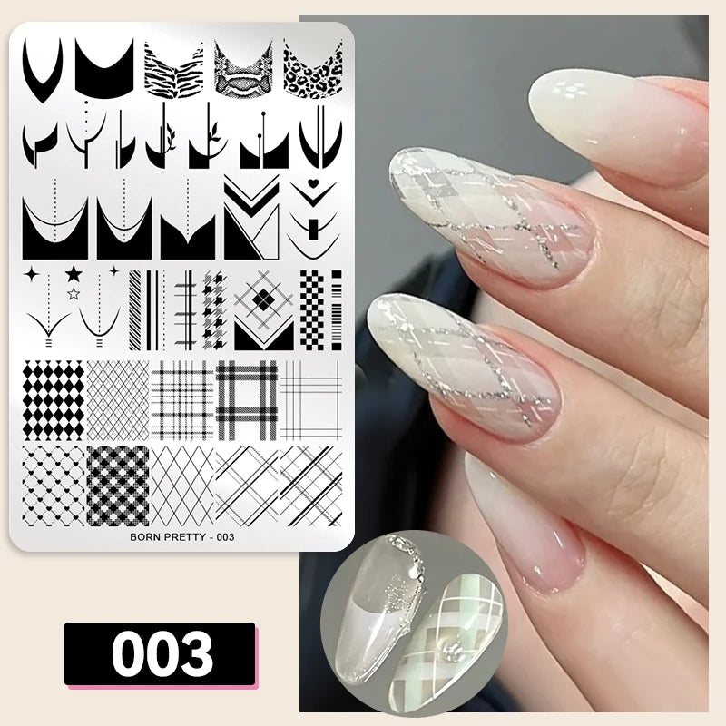 BORN PRETTY Classic Plaid French Nail Stamping Plates Easy Design Flower Leaves Nail Printing Stencil Floral Line Stamp Templ