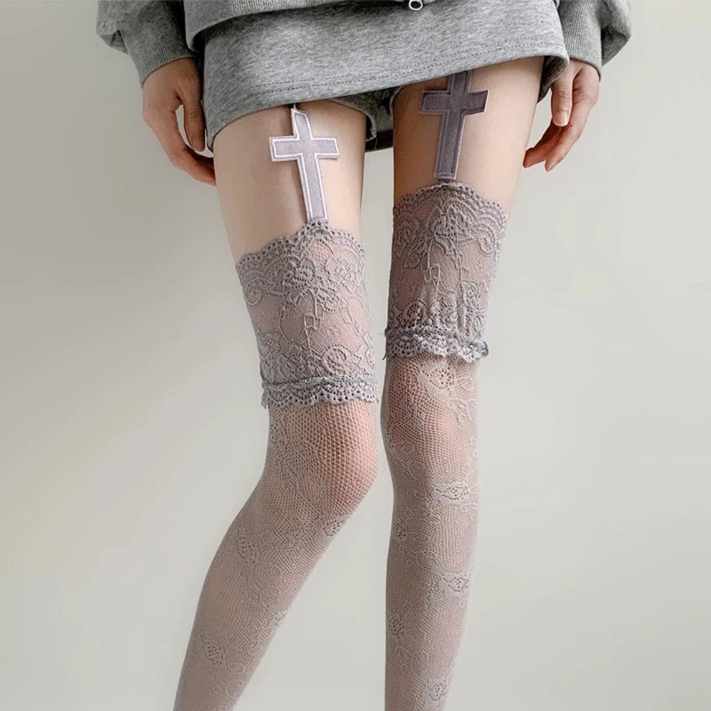 Women's Sexy Lace Floral Fishnet Stockings Costumes JK Lolita Thigh High Socks Nylon Mesh Breathable Over The Knee Stockings 