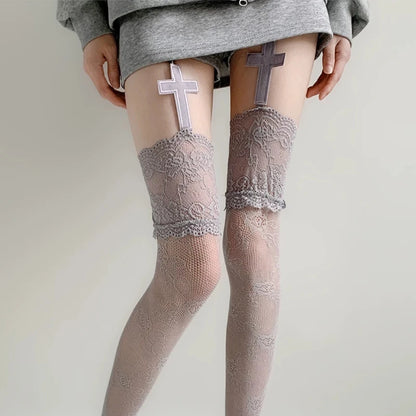Women's Sexy Lace Floral Fishnet Stockings Costumes JK Lolita Thigh High Socks Nylon Mesh Breathable Over The Knee Stockings 