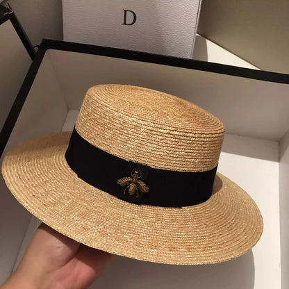 Boater Straw Hat wide brim French elegant square ribbon women's sun hat holiday straw hat 모자 햇빛 가리개 - 2