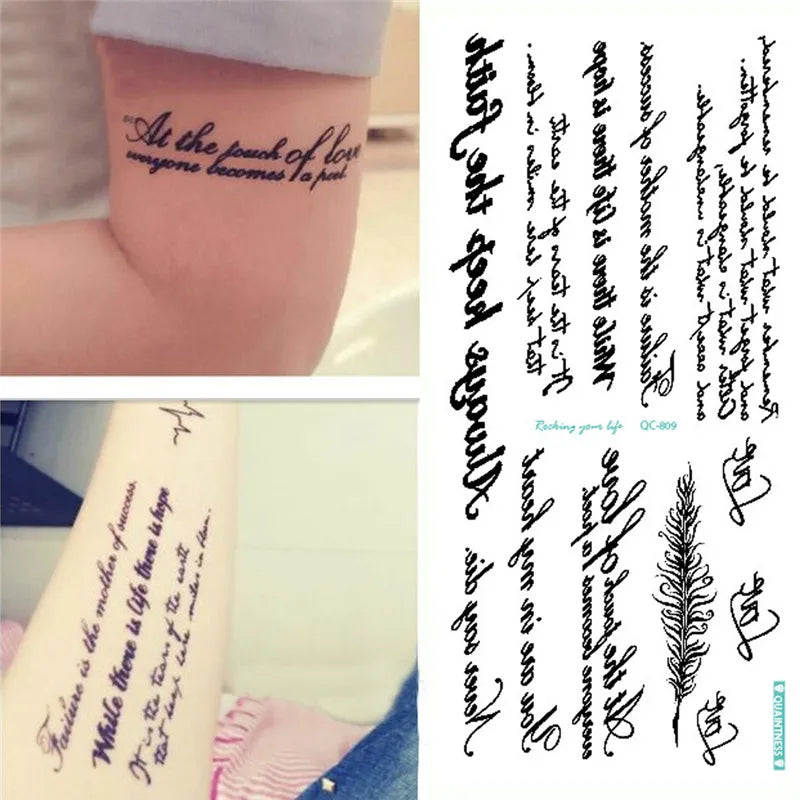 Temporary English Word Tattoo Stickers Black Letters Feather Body Art Tattoos Waterproof Temporary Tattoo On Body For Men Wom