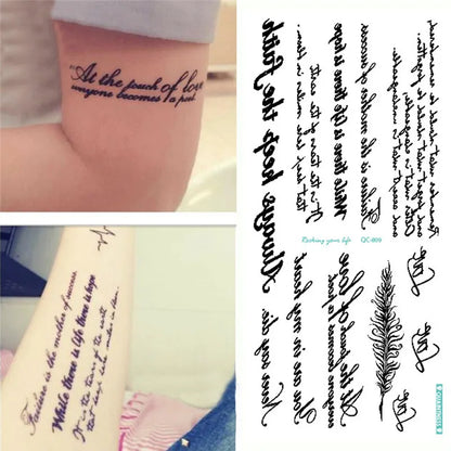 Temporary English Word Tattoo Stickers Black Letters Feather Body Art Tattoos Waterproof Temporary Tattoo On Body For Men Wom