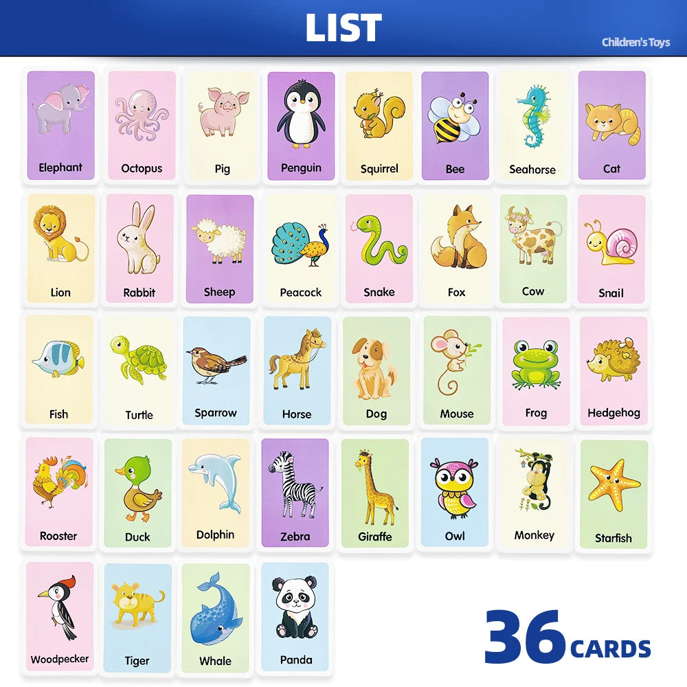 36 Double-Sided Animal Recognition Cards for Kidsren's Enlightenment and Learning through Pictures, Paper-Based Fun Teaching 