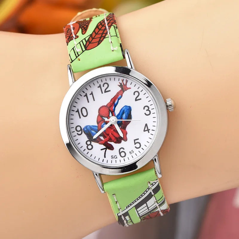 Disney SpiderMan Watch Cute Cartoon Watch Kids Watches Boys Christmas Gift Leather Quartz Watch - green