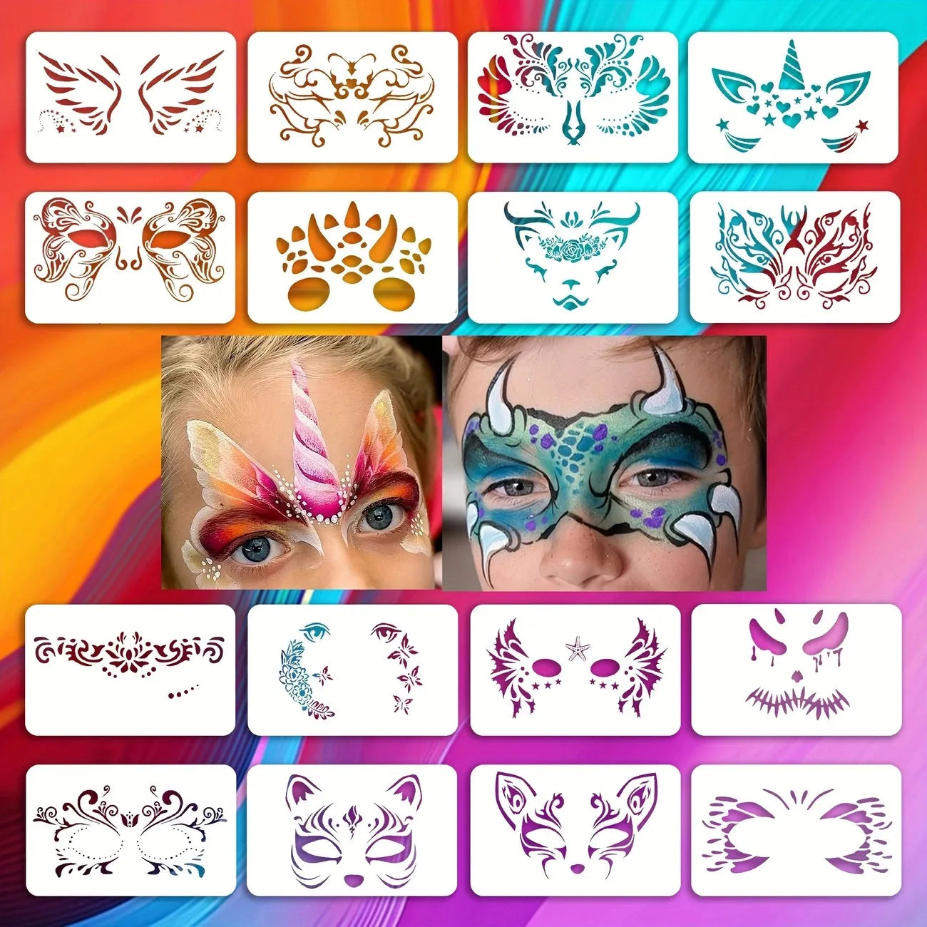 16pcs Reusable PET Face Painting Stencils, Assorted Designs for DIY Makeup,Costume Parties, Washable Stencils for Painting - 