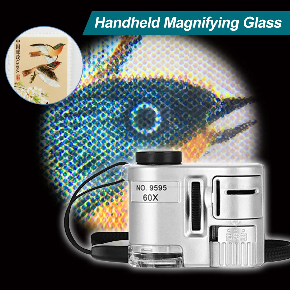 Portable 60X Handheld Magnifying Glass Mini Pocket Microscope Loupe Currency Detector Jeweler Magnifier With LED Light