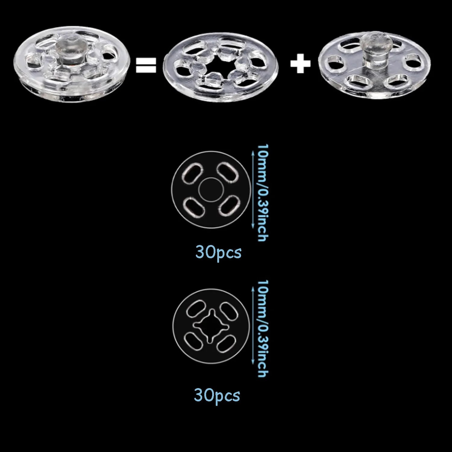 30/90Sets Plastic Sew-on Snap Buttons Invisible Snap Fasteners Buttons Round Clear Press Button for Sewing Clothing DIY Craft