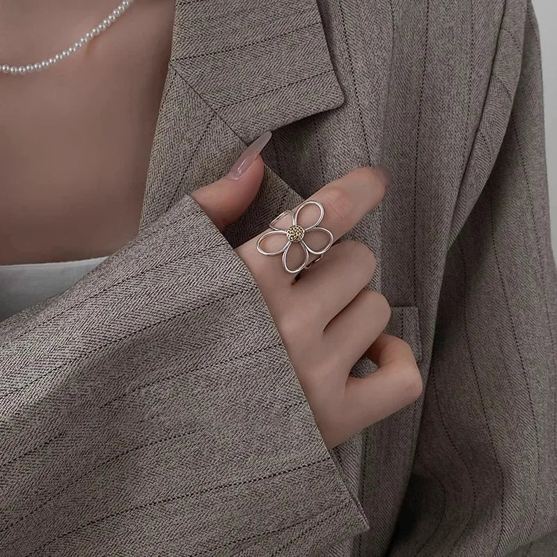 VENTFILLE 925 Sterling Silve Flower Ring for Women Gift Hollow Out Design Retro Hip Hop Versatile Jewelry Party Gift