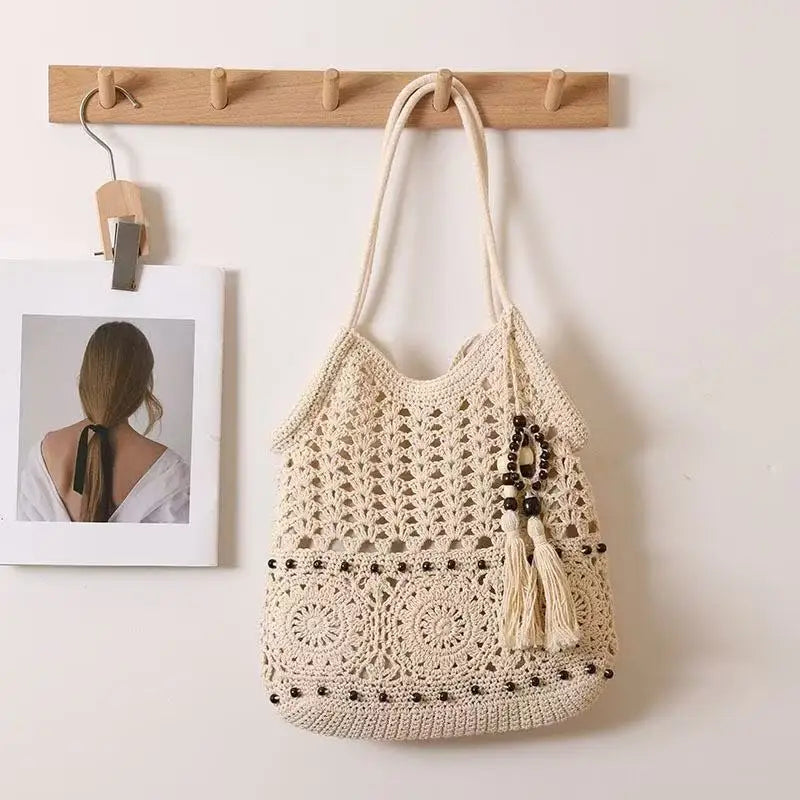 Crochet Tote Bag, White Openwork Knit Purse, Bead Fringe Charm, Adjustable Long Straps, Boho Beach Bag, Summer Market Tote, W